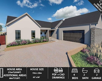 May include: Architectural rendering of a modern house with a light gray exterior, black roof, and a two-car garage. The house size is 63' x 84', with a house area of 2939 sq ft. The image includes a driveway, landscaping, and a digital download icon.