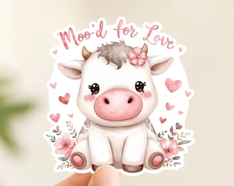 Moo'd for Love Valentine Cow | Kawaii Animal | White Vinyl | Die-Cut Sticker
