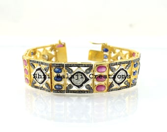 Natural Rosecut Diamond Ruby Sapphire 925 Sterling Silver Bracelet Gold Plated Silver Jewelry