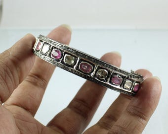 Natural Rosecut Diamond , Ruby Bangle & 925 Sterling Silver Pave Jewelry