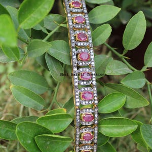 Bracciale in argento sterling 925 con diamanti naturali taglio rosa, rubini e pietre preziose.