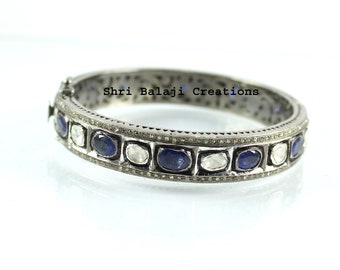 Bangle Bracelet Natural Rosecut Diamond & Diamond Polki Pave Diamond Polki Sapphire 925 Sterling Silver Bangle Bracelet Jewelry
