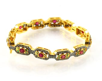 Natural Rosecut Diamond , Ruby & 925 Sterling Silver Gold Plated Bracelet