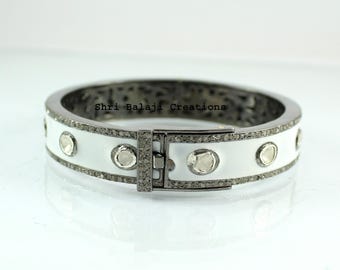 Diamond Enamel Bangle Natural Rosecut Diamond Pave Diamond Polki Uncut Diamond 925 Sterling Silver Enamel Bangle Jewelry