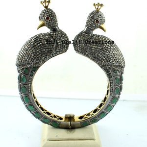 Diamond Bangle Natural Rosecut Diamond Pave & Emerald Gemstone 925 Sterling Silver Bangle Bracelet Jewelry 2.5 inch Diameter Peacock Jewelry