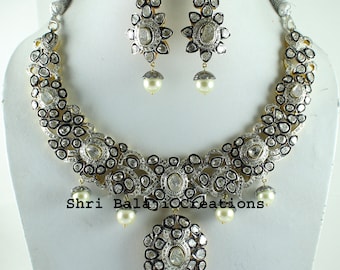 Diamond Necklace Natural Rosecut Diamond Uncut Diamond Polki 925 Sterling Silver Gold Plated Necklace
