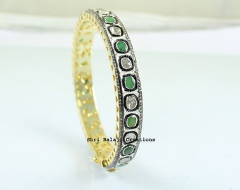 Diamond Bangle Natural Rosecut Diamond Pave Diamond Polki Emerald Gemstone 925 Sterling Silver Gold Plated Bangle Jewelry 2.5 inch Diameter