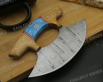 Damascus Chef Kitchen Ulu Knife, Handmade Damascus Pizza Cutter, Celtic Knot Handle, Turquoise, Personalized Gift