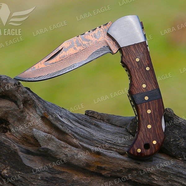 Handmade Copper Damascus Folding Knife Copper Pocket Knife Wooden Handle Turquoise Fold Blade Knife Best Anniversary Gift Groomsman Gift