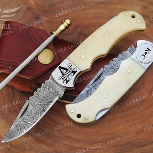 Handmade Damascus Steel Folding Knife Pocket Knife Camel Bone Handle Handcrafted Groomsman Gift Wedding Gift Anniversary Gift Birthday Gift