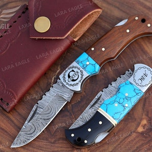 Personalized Handmade Damascus Steel Folding Pocket Knife, Turquoise Gemstone & Rose Wood Handle, Groomsman Gift, Wedding Anniversary Gift