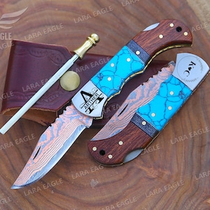 COPPER DAMASCUS Handmade Folding Knife Turquoise & Wood Handle Hand Forged Pocket Knife Copper Knife Anniversary Gift Groomsman Gift For Him
