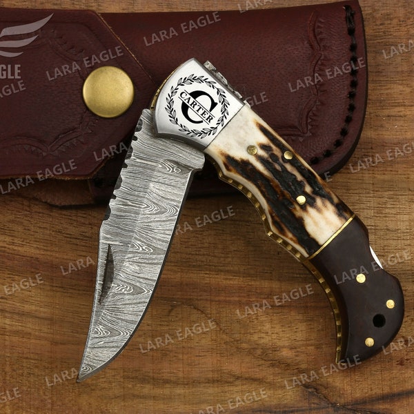 Handmade Damascus Pocket Folding Knife With Stag Horn Handle, Groomsman Gift, Wedding Anniversary Gift USA.