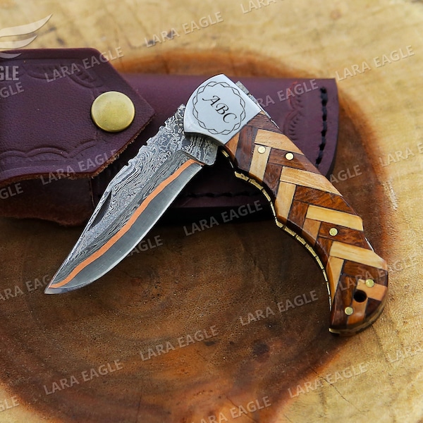 COPPER Damascus Folding Knife With Rose & Olive Wood Handle Hand Crafted Copper Pocket Knife Perfect Anniversary or Everyday Carry Gift.