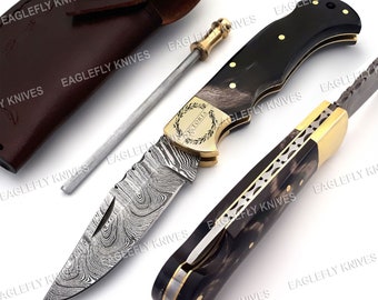 Damascus Steel Folding Knife, Handmade Damascus Pocket Knife, Groomsman Gift, Anniversary Wedding Gift, Birthday Gift, Personalized Gift USA