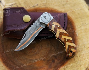 COPPER Damascus Folding Knife With Rose & Olive Wood Handle Hand Crafted Copper Pocket Knife Perfect Anniversary or Everyday Carry Gift.