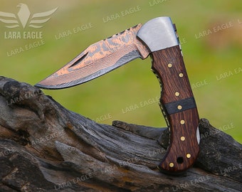 Handmade Copper Damascus Folding Knife Copper Pocket Knife Wooden Handle Turquoise Fold Blade Knife Best Anniversary Gift Groomsman Gift