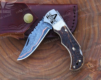 Handmade Copper Damascus Folding Knife Pocket Knife Stag Horn Deer/ Antler Handle Hand Forged Fold Knife Copper Anniversary Gift For Him