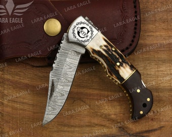 Handmade Damascus Pocket Folding Knife With Stag Horn Handle, Groomsman Gift, Wedding Anniversary Gift USA.