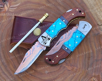 COPPER DAMASCUS Handmade Folding Knife Turquoise & Wood Handle Hand Forged Pocket Knife Copper Knife Anniversary Gift Groomsman Gift For Him