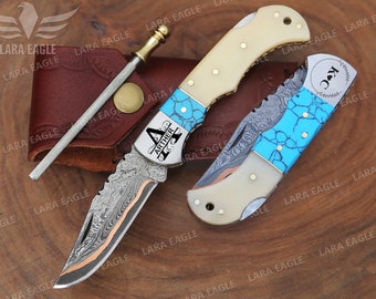 COPPER DAMASCUS HANDMADE Folding Knife Copper Blade Pocket Knife Real Turquoise and Camel Bone Handle Knife Best Anniversary Gift