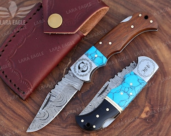 Personalized Handmade Damascus Steel Folding Pocket Knife, Turquoise Gemstone & Rose Wood Handle, Groomsman Gift, Wedding Anniversary Gift