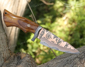 COPPER DAMASCUS HANDMADE Knife Copper Bobcat Hunting Knife Exotic Rose Wood Handle Best Anniversary Gift For Men