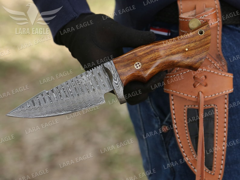 COPPER DAMASCUS HANDMADE Knife Copper Bobcat Hunting Knife Exotic Rose Wood Handle Best Anniversary Gift For Men Damascus Blade