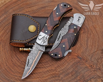 Handmade Copper Damascus Folding Knife: Wangi Wood Handle Unique Anniversary Gift For Husband