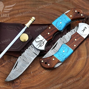 Handmade Damascus Knife, Pocket Knife, Turquoise Handle Folding Knife , Anniversary Gift Personalized Groomsman Gift Birthday Gift For Him