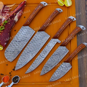 Handmade Damascus Steel Chef Knife Set Hand Forged Fillets Set Kitchen and Outdoor Chef Tool Set Gift For Her Anniversary Gift