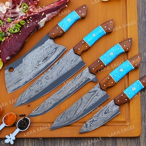 Handcrafted San Mai Damascus Chef Knife Set 5-Piece with Turquoise & Rose Wood Handles Crazy Horse Leather Sheath Gift for Anniversary