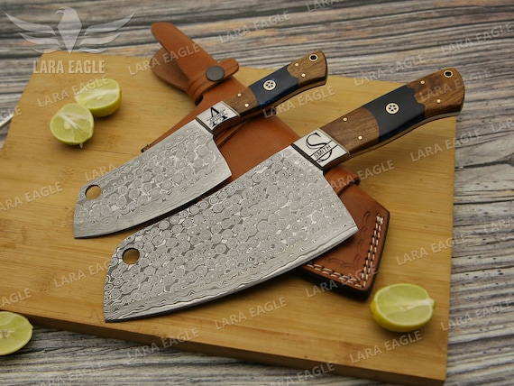 Handmade Damascus Steel Chef Cleaver Chopper Full Tang Kitchen Butcher Knife Stabilized Rose Wood & Epoxy Handle Anniversary Gift for Her