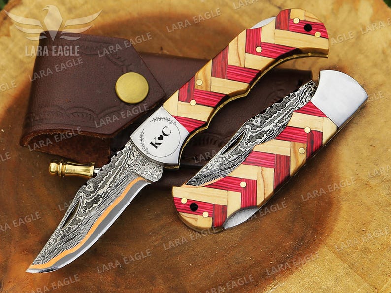 CUSTOM COPPER Damascus Folding Knife Copper Handmade Pocket Knife Wood