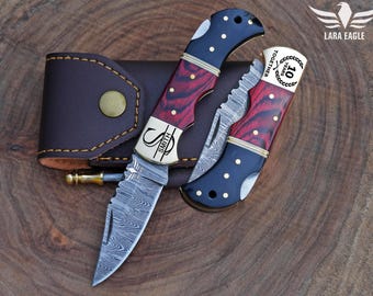 Handmade Damascus Steel Pocket Knife, Folding Knife Anniversary Gift, Groomsman Gift, Father's Day Gift For Him
