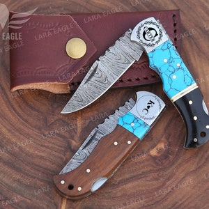 Personalized Handmade Damascus Steel Folding Pocket Knife, Turquoise Gemstone & Rose Wood Handle, Groomsman Gift, Wedding Anniversary Gift image 2