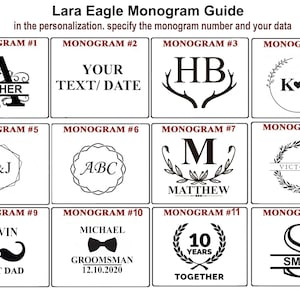 Op de afbeelding: Een monogramgids met 12 opties in vierkante kaders. De gids toont diverse ontwerpen, waaronder initialen, namen, data en symbolen zoals een snor, vlinderdas en lauwerkrans. De tekst bovenaan luidt "Lara Eagle Monogram Guide."