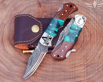 Navaja de bolsillo de cobre Damasco hecha a mano a medida, navaja plegable con hoja forjada de doble incrustación de cobre, regalo de aniversario para él, regalo para padrino de boda