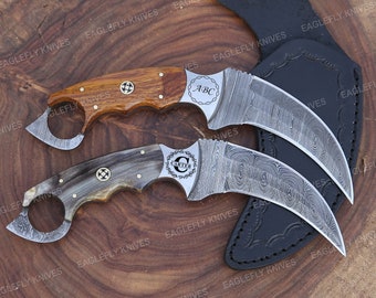 Couteau Karambit en acier damas forgé à la main, manche en bois de rose et corne de mouton, couteau Bowie damas fait main, meilleur cadeau personnalisé