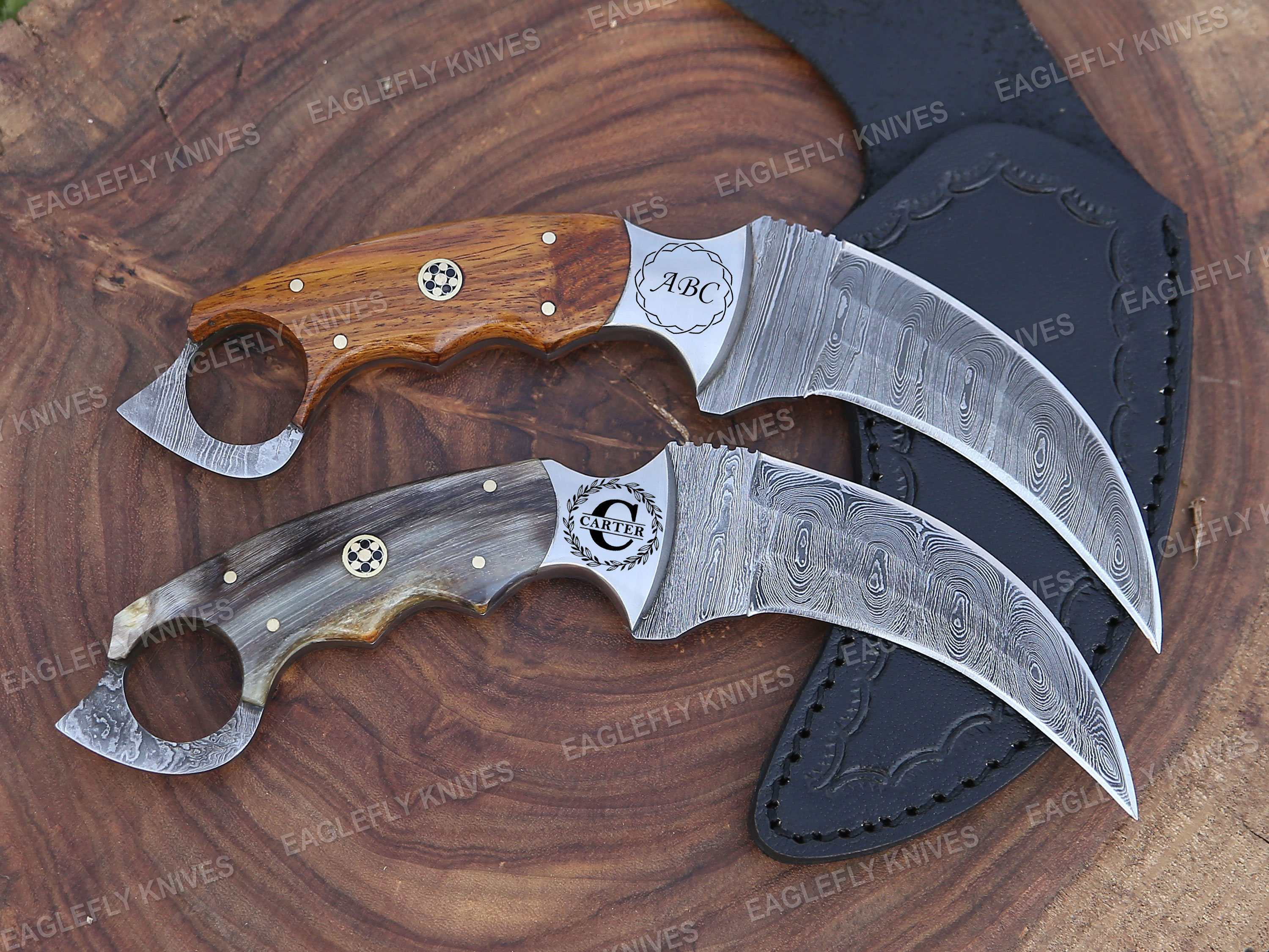Custom Hand Forged Damascus Steel Karambit Knife, Rose Wood & Sheep Horn Handle Damascus Handmade Bowie Knife, , Best Personalized Gift