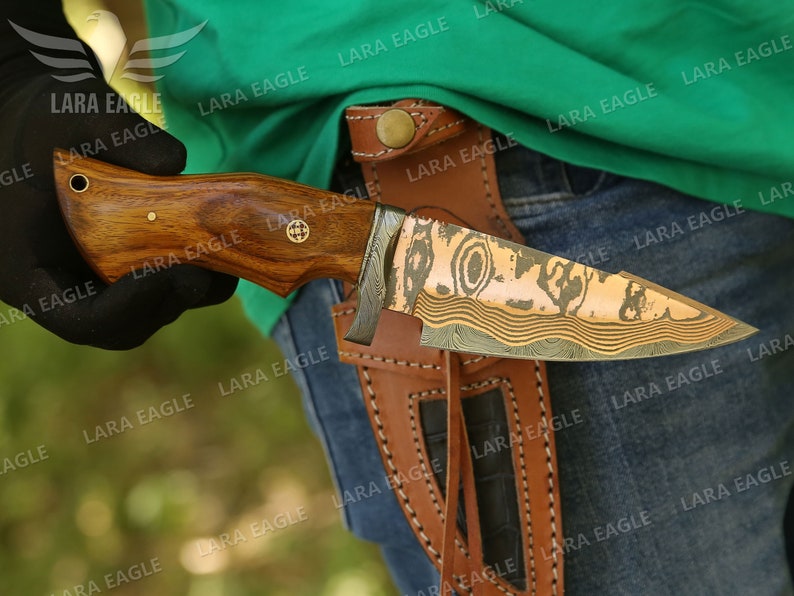 COPPER DAMASCUS HANDMADE Knife Copper Bobcat Hunting Knife Exotic Rose Wood Handle Best Anniversary Gift For Men image 3