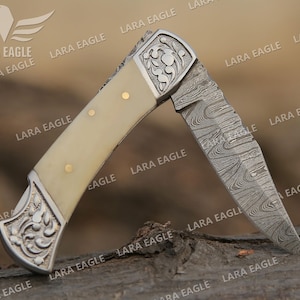 Custom Handmade Damascus Steel Pocket Knife Folding Knife White Camel Bone Handle Anniversary Gift Birthday Gift For Him