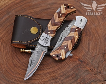 Hand Forged Copper Damascus Folding Knife - Olive Wood Handle Personalized Anniversary Gift Groomsman Gift Christmas Gifts