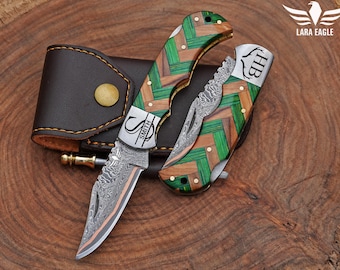 Copper Damascus Folding Knife: Personalized Handmade Pocket Knife for Him Anniversary Groomsman Christmas Gifts