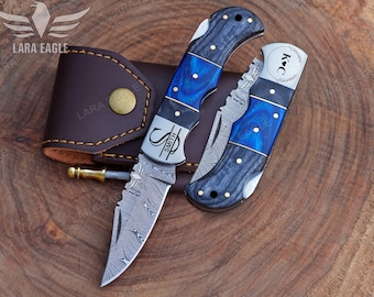 Custom Damascus Steel Pocket Knife Hand Forged Folding Knife Anniversary Engraved Gift Groomsman Gift Wedding Gift Best Gift For Him
