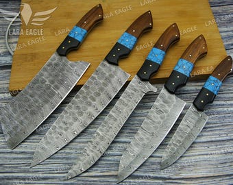 Handmade Chef Knife Set 5pcs Damascus Steel Kitchen Knife Set Turquoise & Rose Wood Handle Best Gift for Anniversary Gift For Birthday