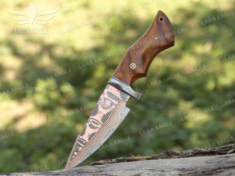 COPPER DAMASCUS HANDMADE Knife Copper Bobcat Hunting Knife Exotic Rose Wood Handle Best Anniversary Gift For Men image 5
