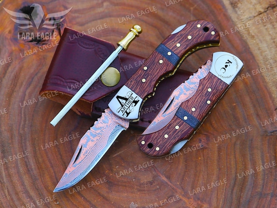 Handmade Copper Damascus Folding Knife Copper Pocket Knife Wooden Handle Turquoise Fold Blade Knife Best Anniversary Gift Groomsman Gift
