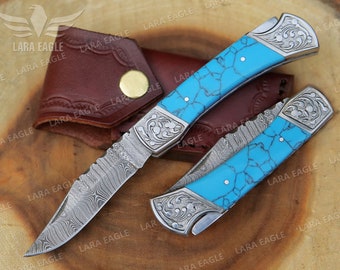 Handmade Damascus Folding Knife Pocket Knife Real Turquoise Handle Personalized Gift Anniversary Gift Hand Forged Gift for Him For Her