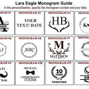May include: A guide to 12 different monogram styles. Each style features a different design, including initials, names, dates, and symbols. The guide is titled "Lara Eagle Monogram Guide".